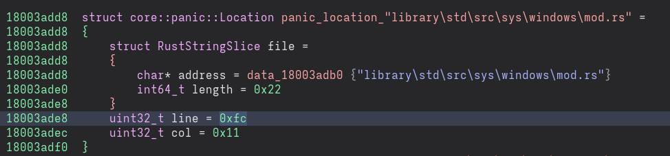 A screenshot of Binary Ninja, showing a struct of type core::panic::Location with a string slice containing a pointer to a string which is a source code path; the struct also contains line and column numbers.